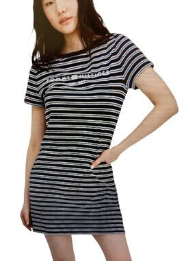TOMMY HILFIGER WOMENS STRIPED LOGO DRESS BLACK WHITE  Medium NWT